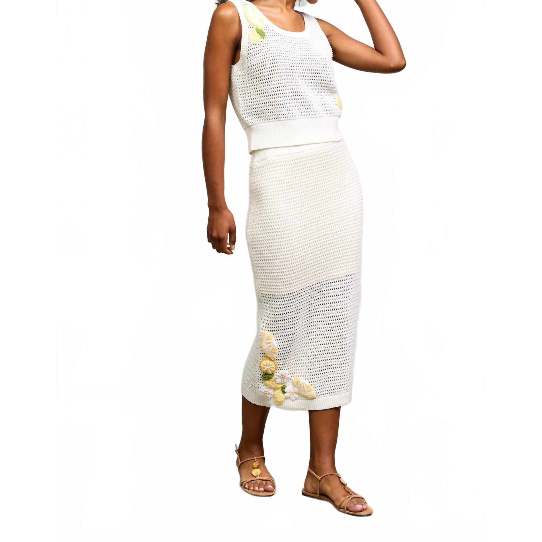 New Skies Are Blue Lemon Applique Midi Crochet Skirt In White